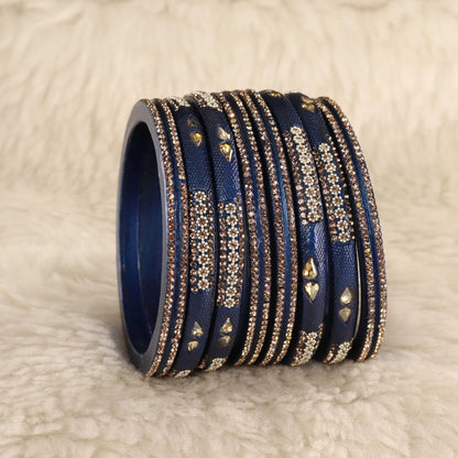 DarkBlue Stone Studded  Embellished Traditional Bangles - Set of 8