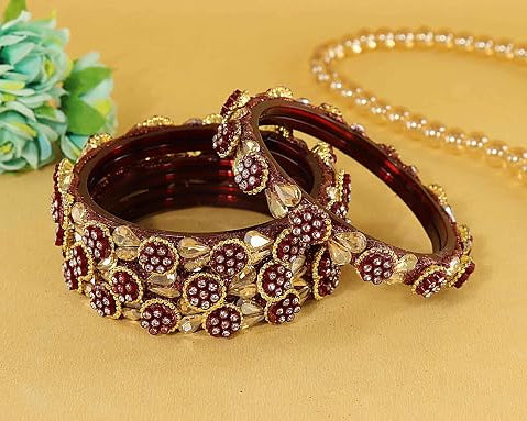 Maroon Glass Bangle Kundan & Zircon Stone Bangle- Pack of 4
