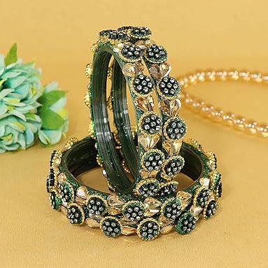 Green Glass Bangle Kundan & Zircon Stone Bangle- Pack of 4