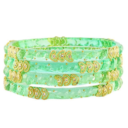 Mint Green Glass Kada with Gold Detailing, Zircon Stones & Heart Beads (Set of 4)