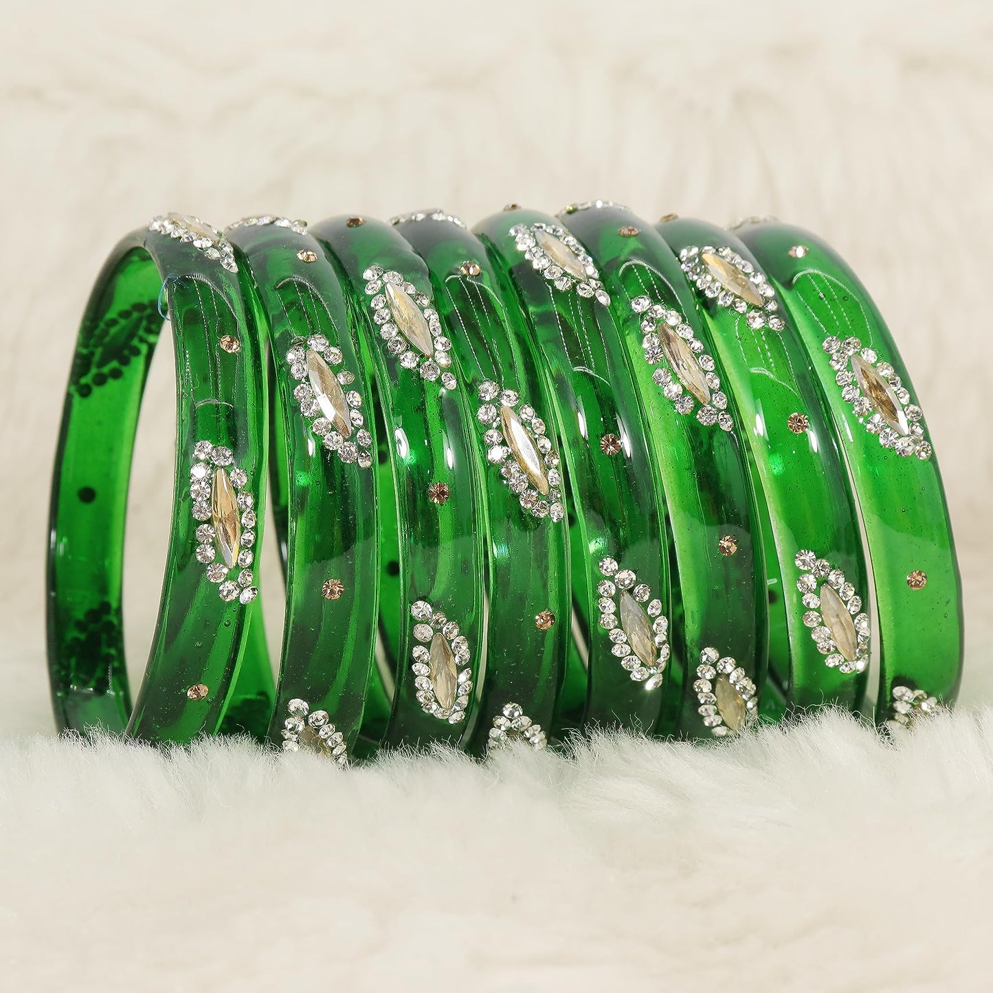 Green Glass with Zircon Gemstone Studded Kada Bangles Set For Girls and Women| (Pack of 8)