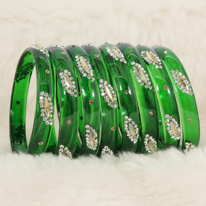 Green Glass with Zircon Gemstone Studded Kada Bangles Set For Girls and Women| (Pack of 8)