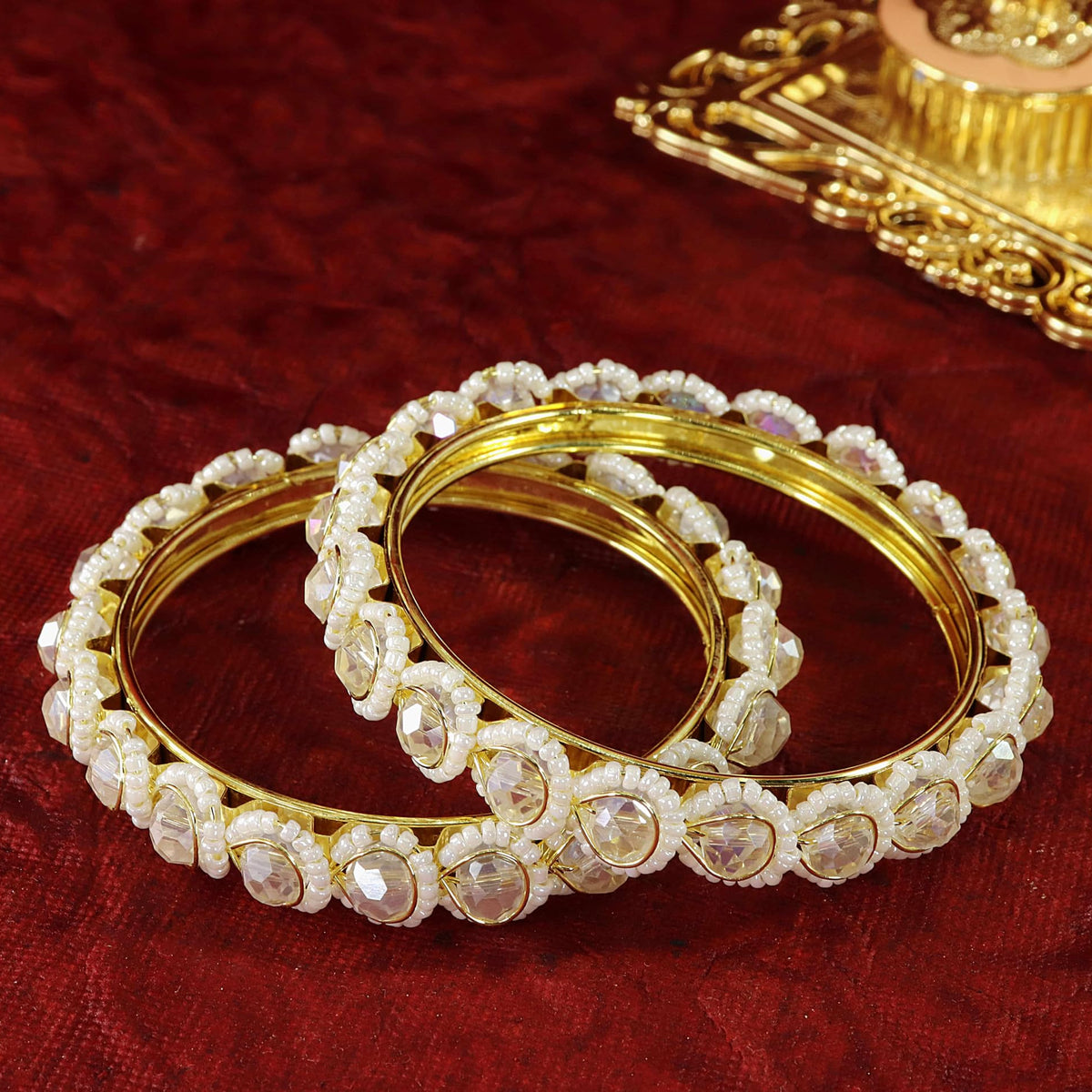 Gold-Plated Handcrafted Crystal & Pearl Beaded  Bangles - Set Of 2