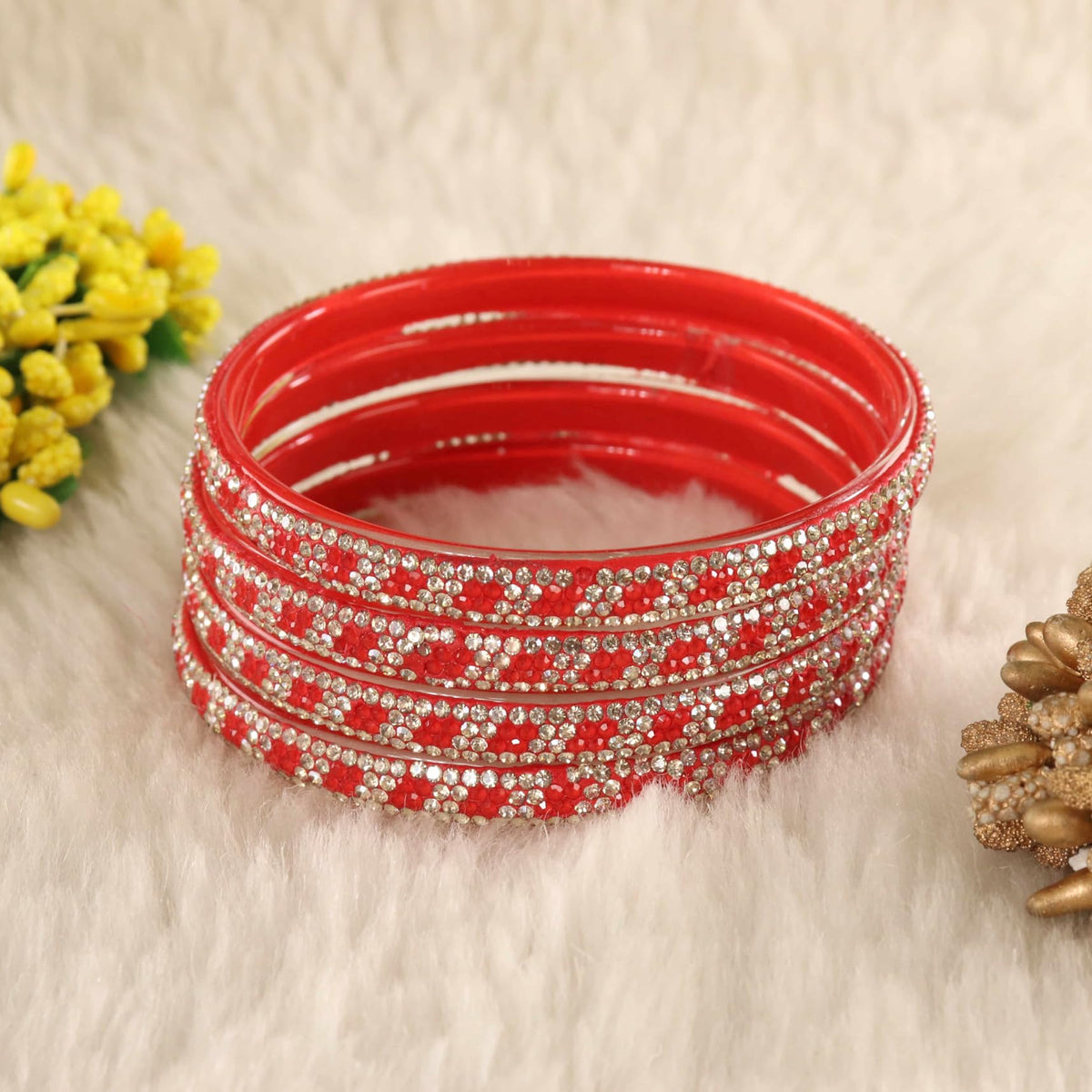Red Premium Stone Studded Kada Set - Set of 4