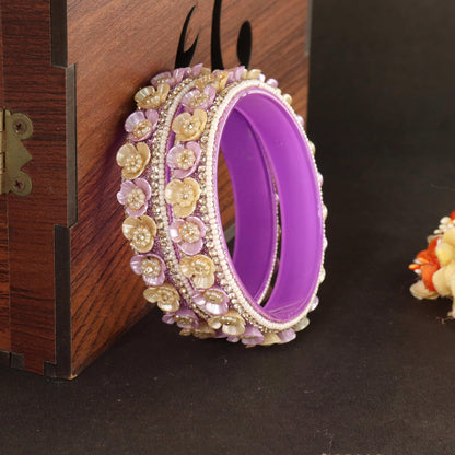 Purple Premium Floral Pearl Studded Kada Set - Set of 2