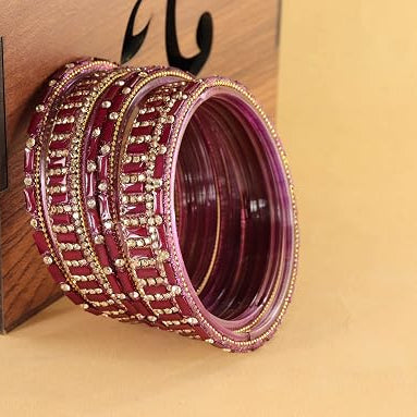 Glass Bangles Kada Set  With Zircon Stone Work - Pack of 6