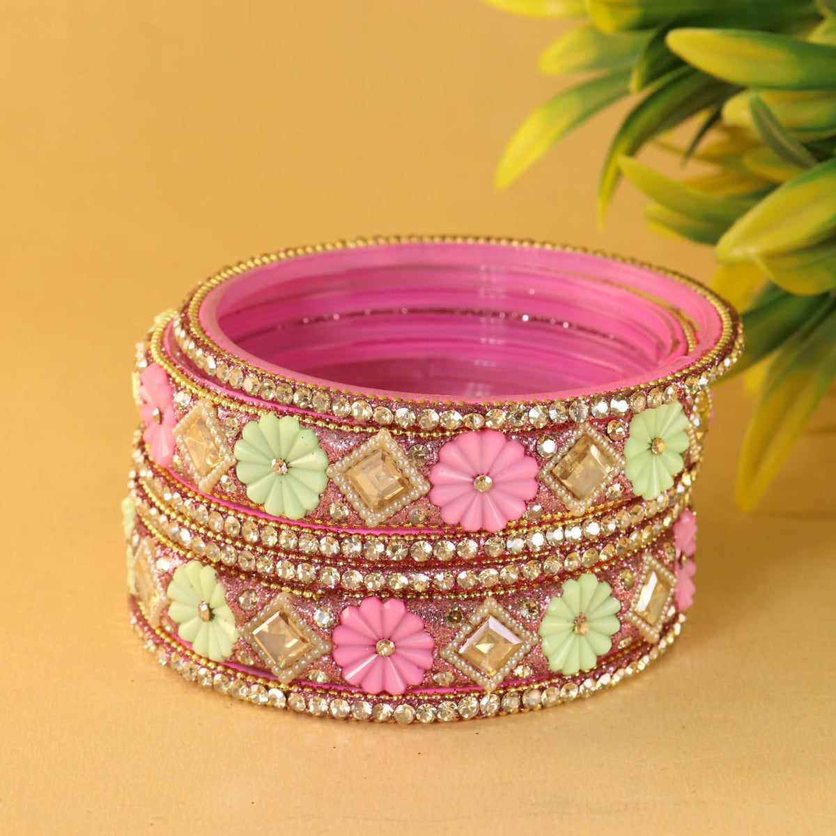 MintPink Premium Designer Kundan Stone Floral Kada- Set of 6