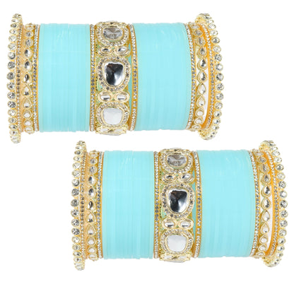 Bridal SkyBlue Metal Gold Chuda Set | Traditional Wedding Bangles for Women | Set of 70