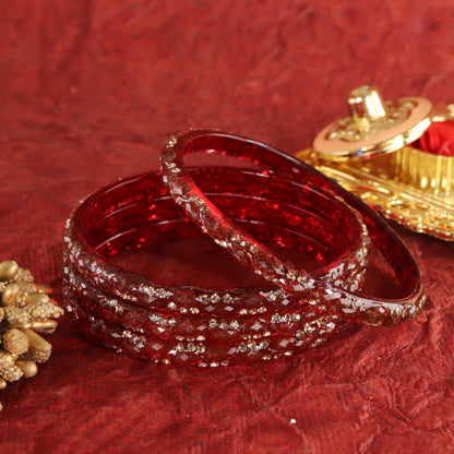 Maroon Glass Bangles Set with Crystal Stone Work - Set of 4