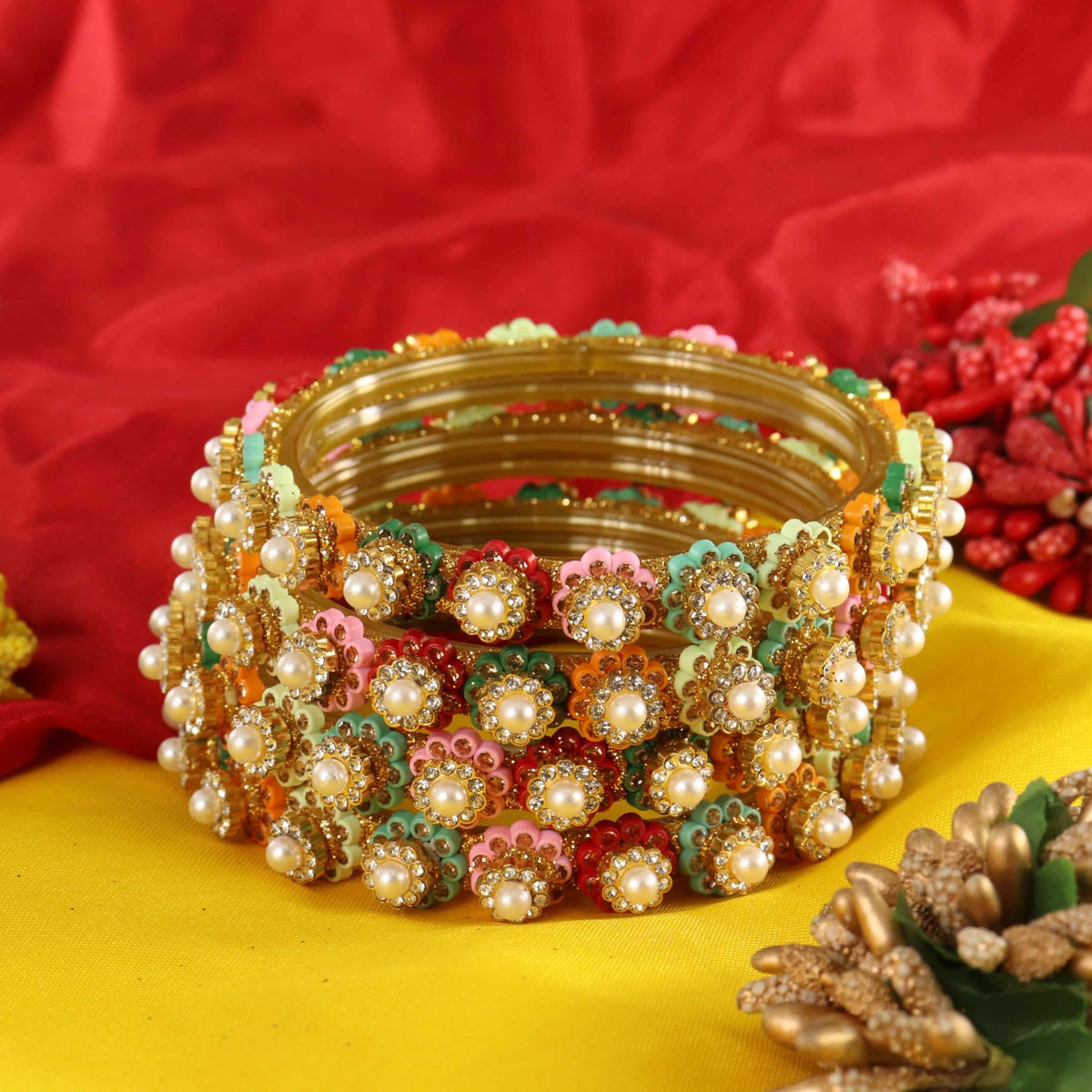 Multi Gold-Tone Kundan & Pearl Stone Work - Set of 4