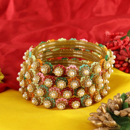 Multi Gold-Tone Kundan & Pearl Stone Work - Set of 4