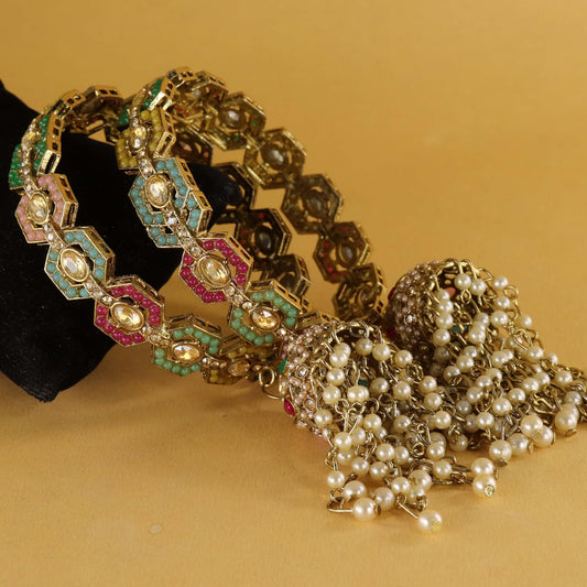 Rajwadi Metal Bangles with Latkan Jhumka Kalira | White Moti Pearl & Multi-Color Stone Work Kada for Women & Girls-Pack of 2