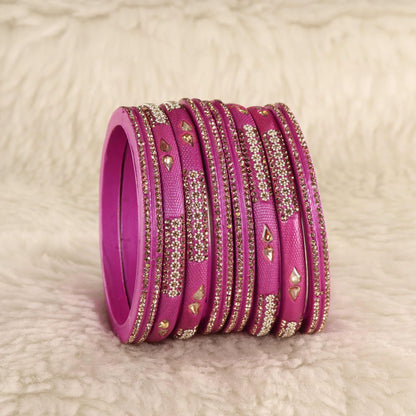 Magenta Stone Studded  Embellished Traditional Bangles - Set of 8