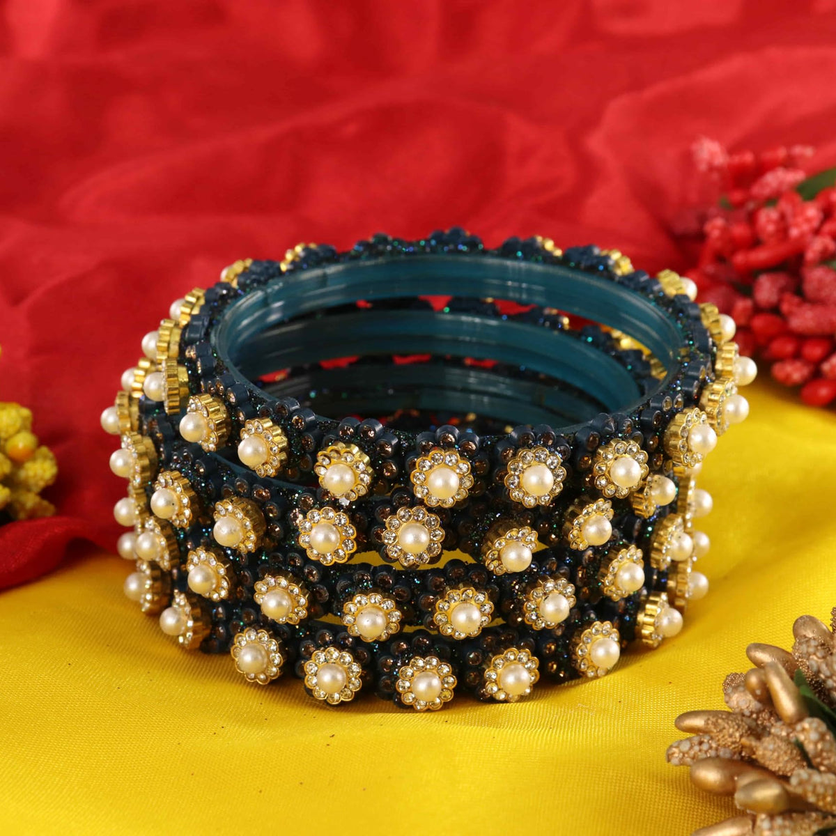 Peacock Gold-Tone Kundan & Pearl Stone Work - Set of 4