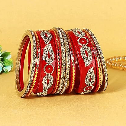 ✨ Elegant Red Lac Zircon Diamond Stone Bangles – Pack of 10