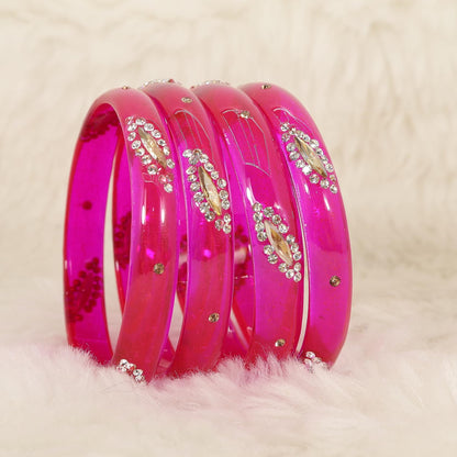 Magenta  Glass with Zircon Gemstone Studded Kada Bangles Set For Girls and Women| (Pack of 8)