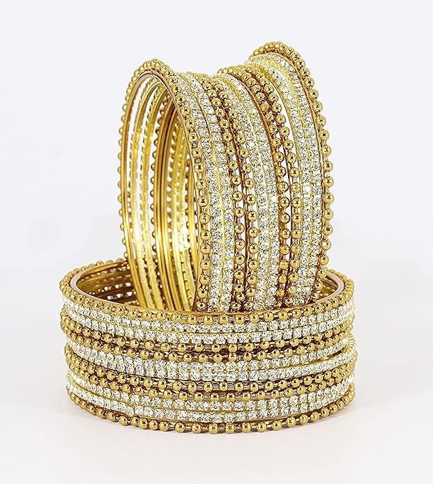 Stylish Golden Metal Bangles with Diamond-Cut Zircon –Pack of 24