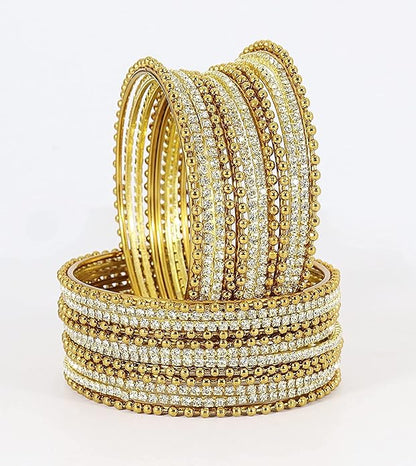 Stylish Golden Metal Bangles with Diamond-Cut Zircon –Pack of 24