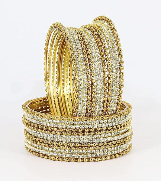 Stylish Golden Metal Bangles with Diamond-Cut Zircon –Pack of 24