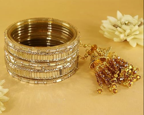 Glass Bangles Set With Crystal Stone-Latkan & Zircon Stone Work- Pack of 6