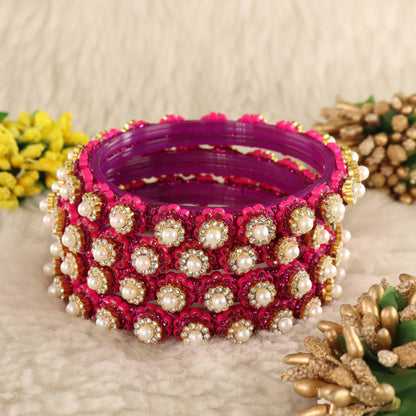 Magenta Gold-Tone Kundan & Pearl Stone Work - Set of 4
