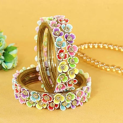Glass Multi Flower Design Bangles with Golden Zircon Diamond Set- Pack of 4