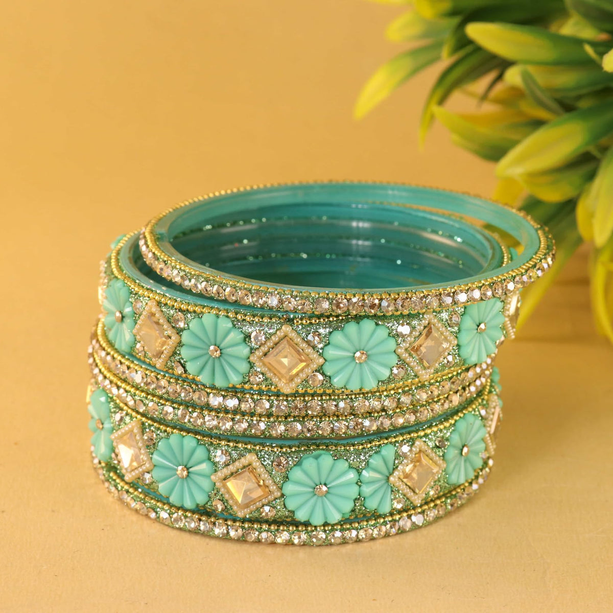 Sentro Premium Designer Kundan Stone Floral Kada- Set of 6