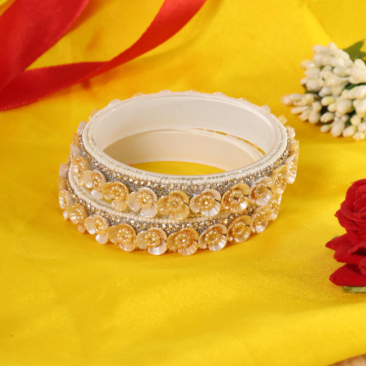 Cream Premium Floral Pearl Studded Kada Set - Set of 2