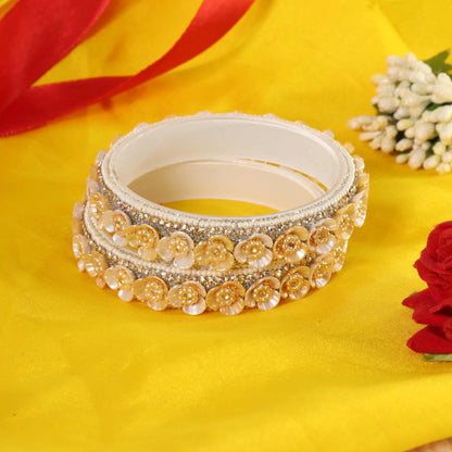 Cream Premium Floral Pearl Studded Kada Set - Set of 2