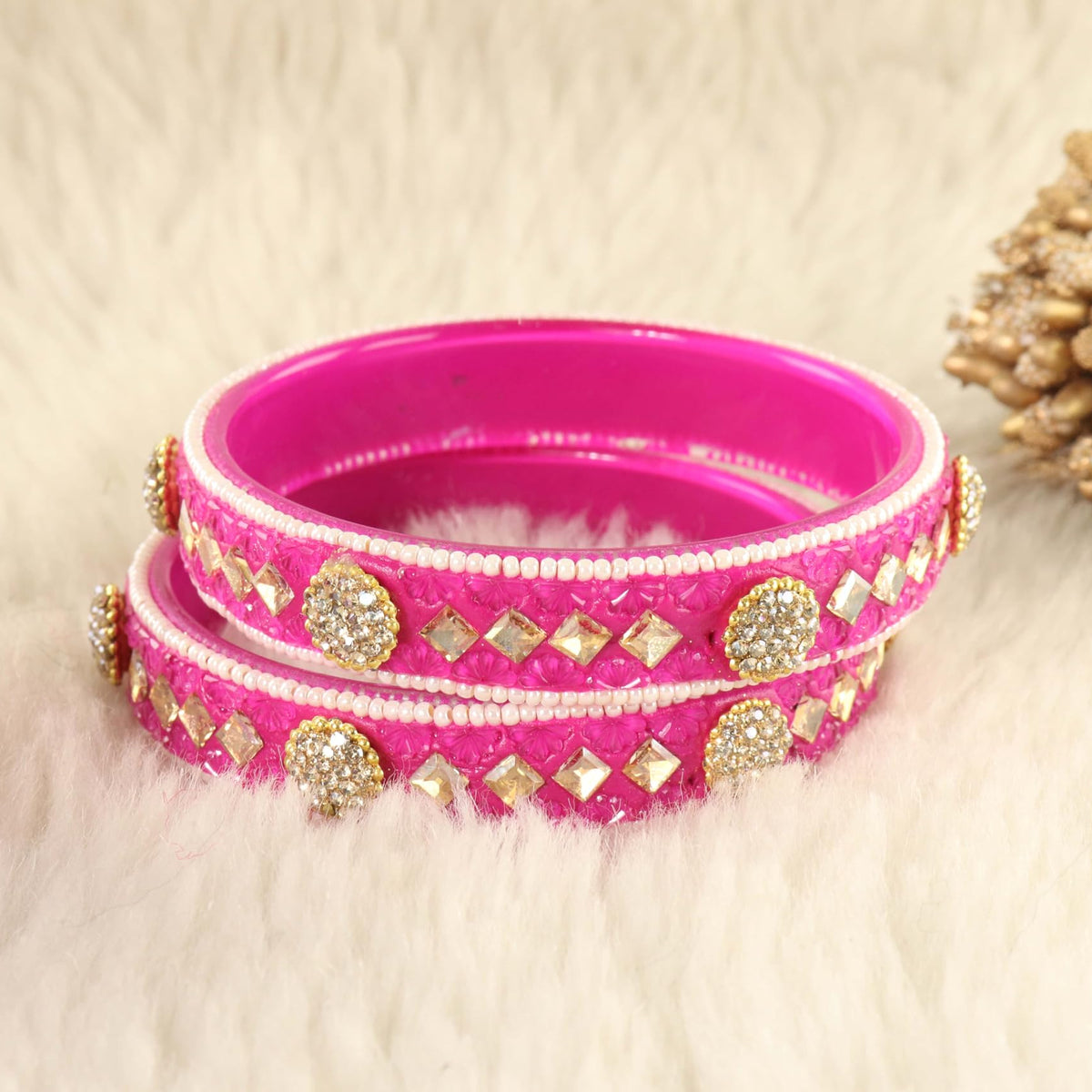 Magenta Floral Embossed Pattern with Square Stone Kada- Set of 2