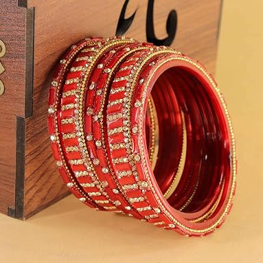 Glass Bangles Kada Set With Zircon Stone Work - Pack of 6