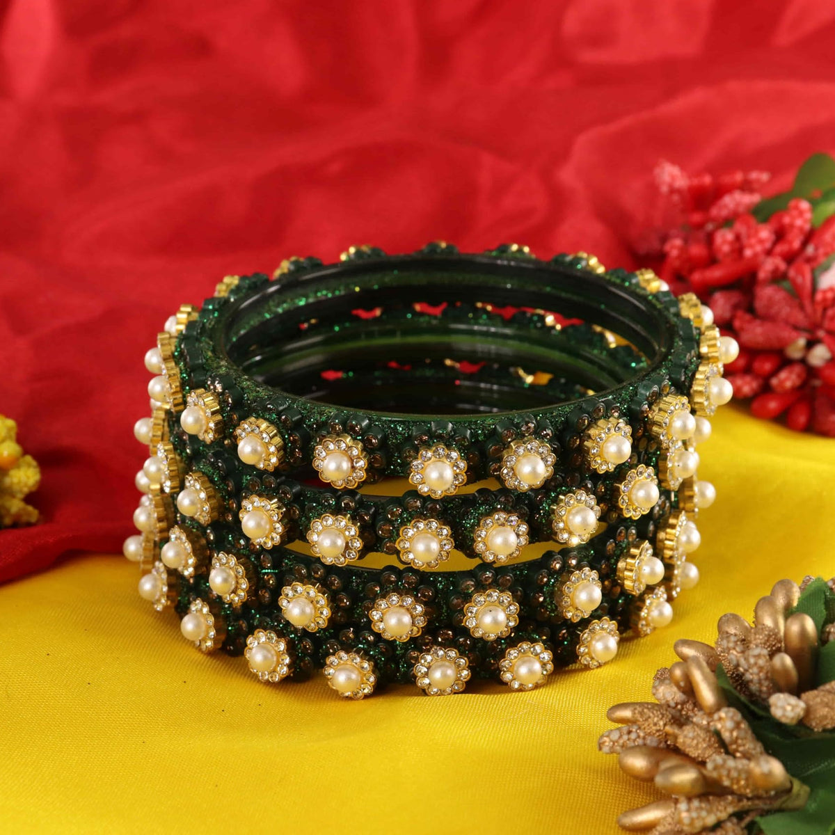 Green Gold-Tone Kundan & Pearl Stone Work - Set of 4