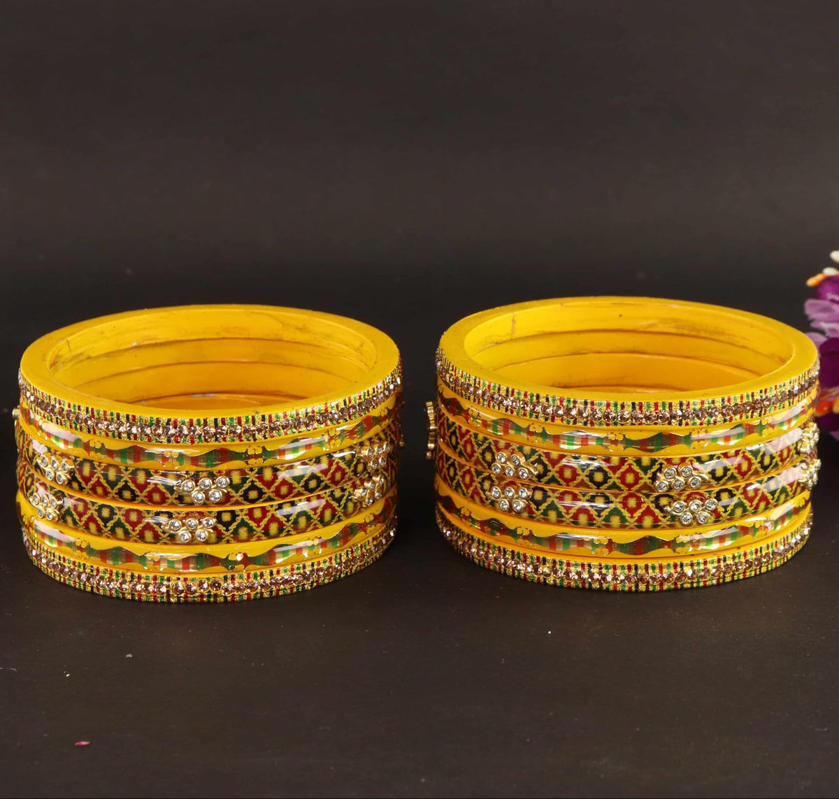Yellow Gold-Tone Embellished Traditional Bangles - Set of 12