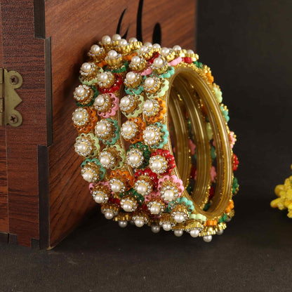 Multi Gold-Tone Kundan & Pearl Stone Work - Set of 4
