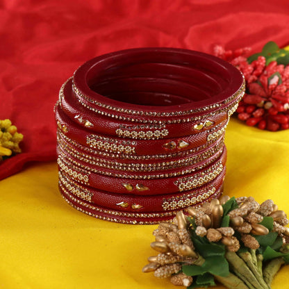 Red Stone Studded  Embellished Traditional Bangles - Set of 8