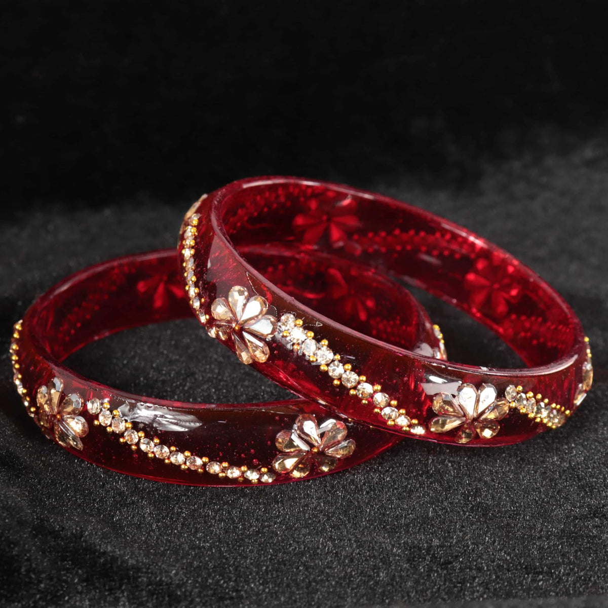 T.Red Glass Bangles with Floral Stone & Kundan Work - Set of 2
