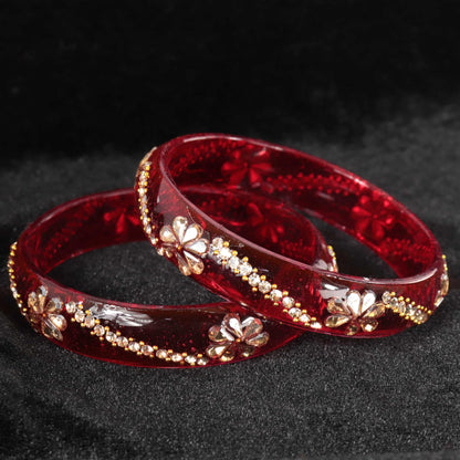 T.Red Glass Bangles with Floral Stone & Kundan Work - Set of 2