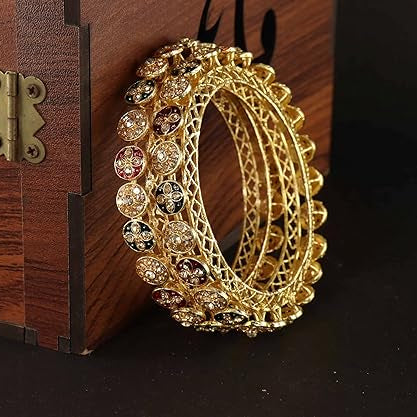 Traditional Gold Plated Metal with Red Zircon GemStone Bangles Set Premium Rajwadi Kangan Se