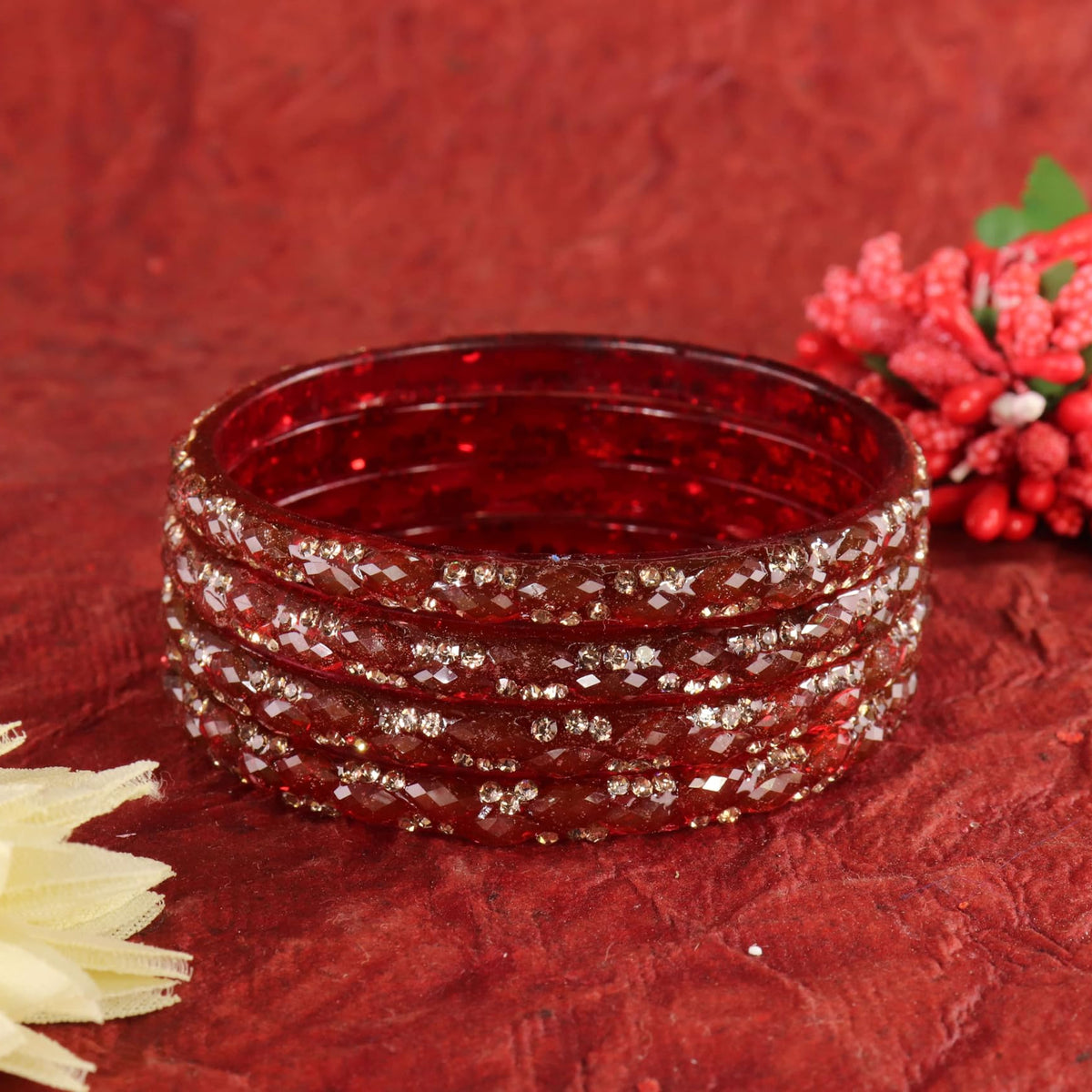 Maroon Glass Bangles Set with Crystal Stone Work - Set of 4