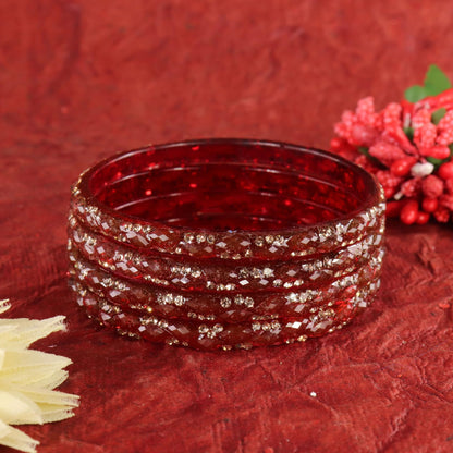 Maroon Glass Bangles Set with Crystal Stone Work - Set of 4