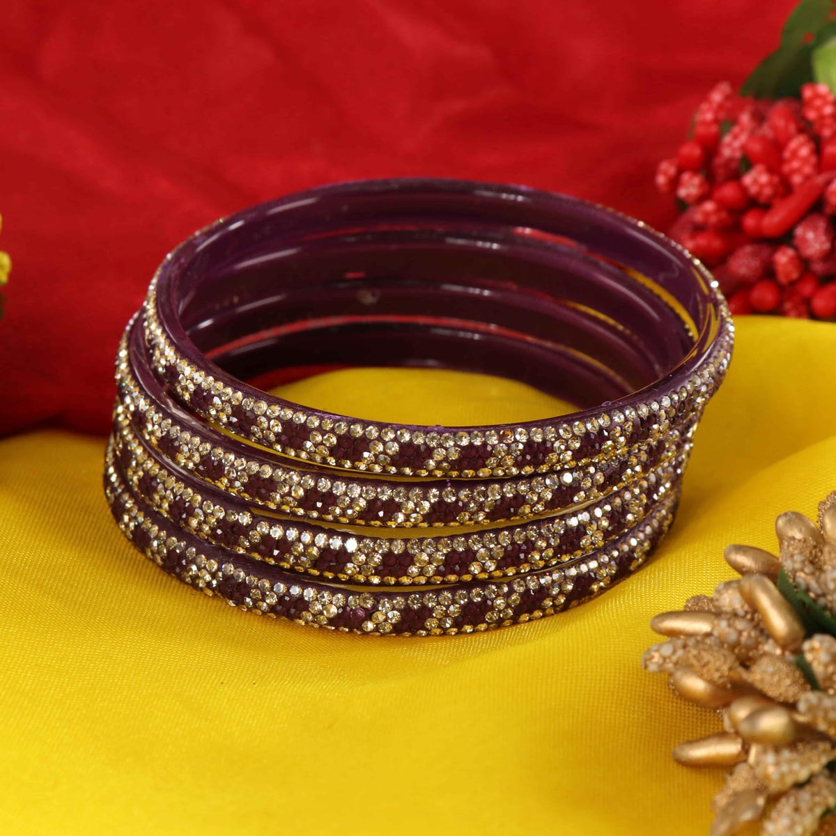 Wine Premium Stone Studded Kada Set - Set of 4