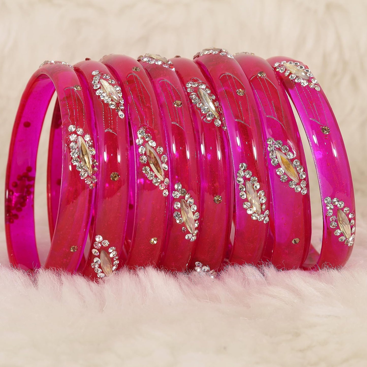 Magenta  Glass with Zircon Gemstone Studded Kada Bangles Set For Girls and Women| (Pack of 8)