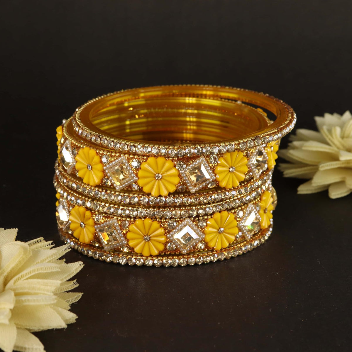 Yellow Premium Designer Kundan Stone Floral Kada- Set of 6