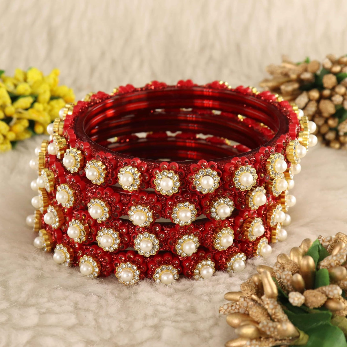 Red Gold-Tone Kundan & Pearl Stone Work - Set of 4