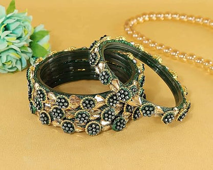 Green Glass Bangle Kundan & Zircon Stone Bangle- Pack of 4