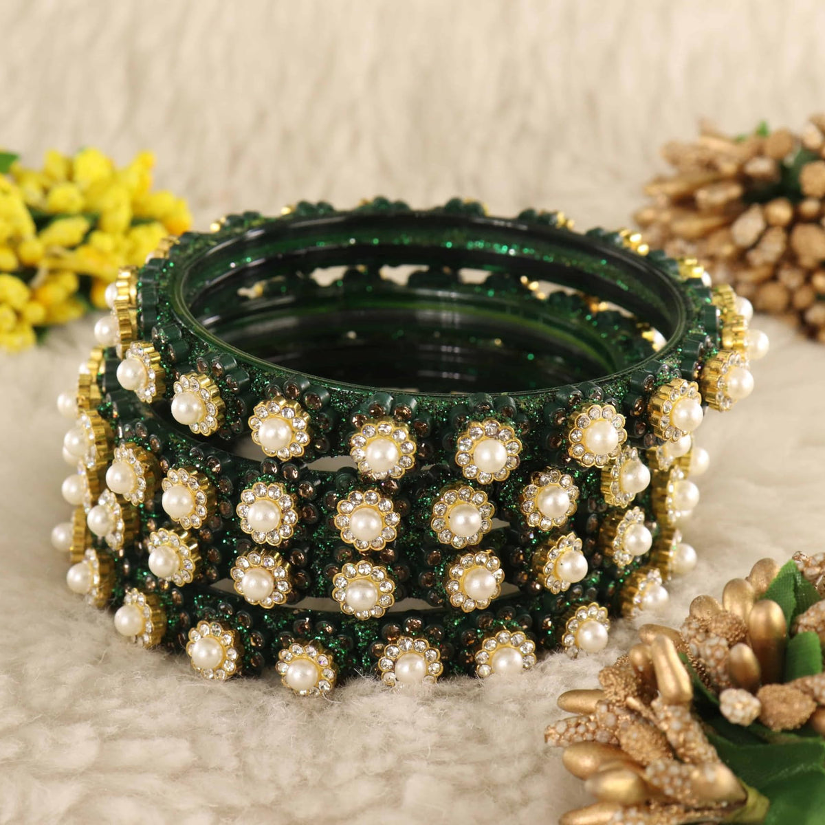 Green Gold-Tone Kundan & Pearl Stone Work - Set of 4