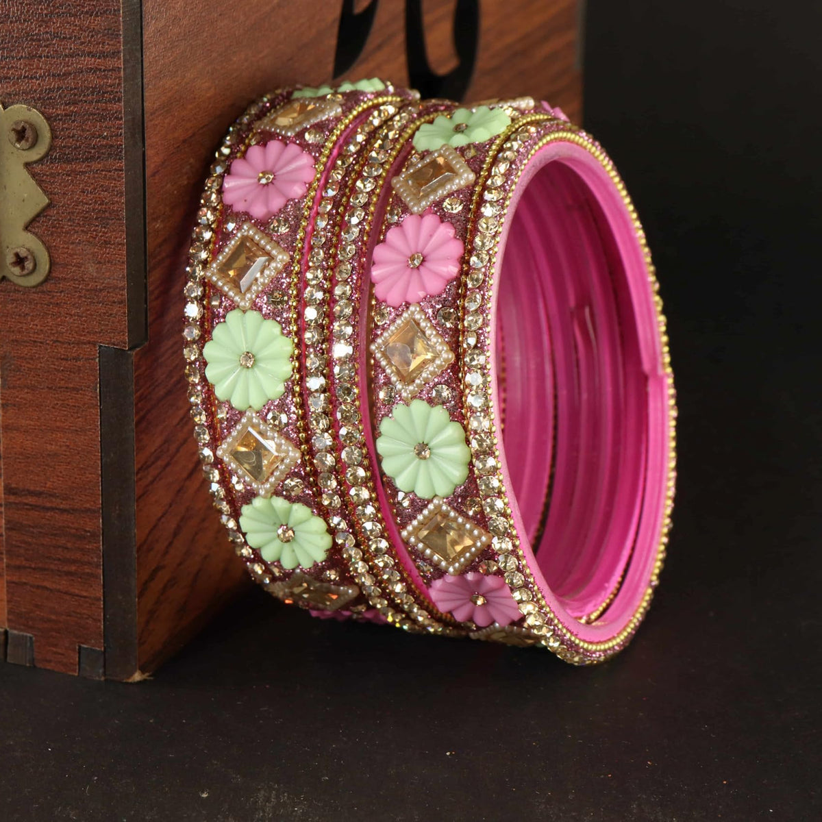 MintPink Premium Designer Kundan Stone Floral Kada- Set of 6