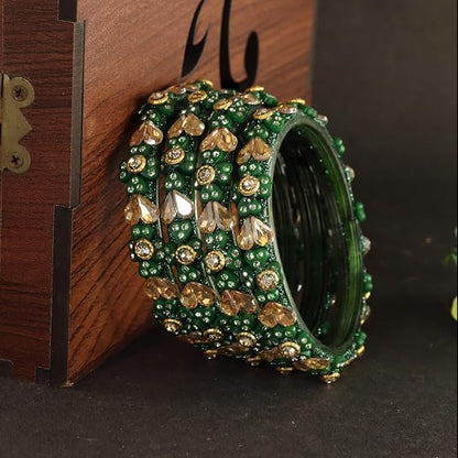 Glass Bangles Kada Set With Kundan & Zircon Stone Work - Pack of 4