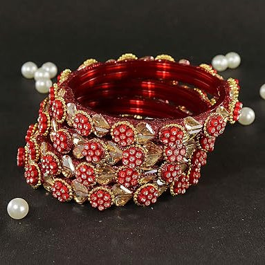 Red Glass Bangles Set With Zircon Stone And Kundan Work- Pack of 4