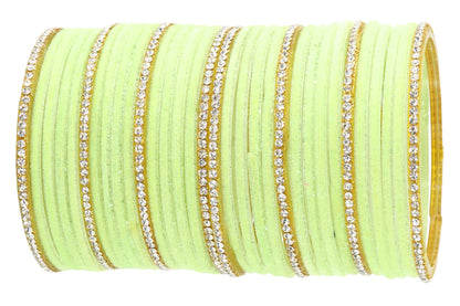 Pista Green Velvet & Glass Bangles Set with Stone Work – Pack of 32